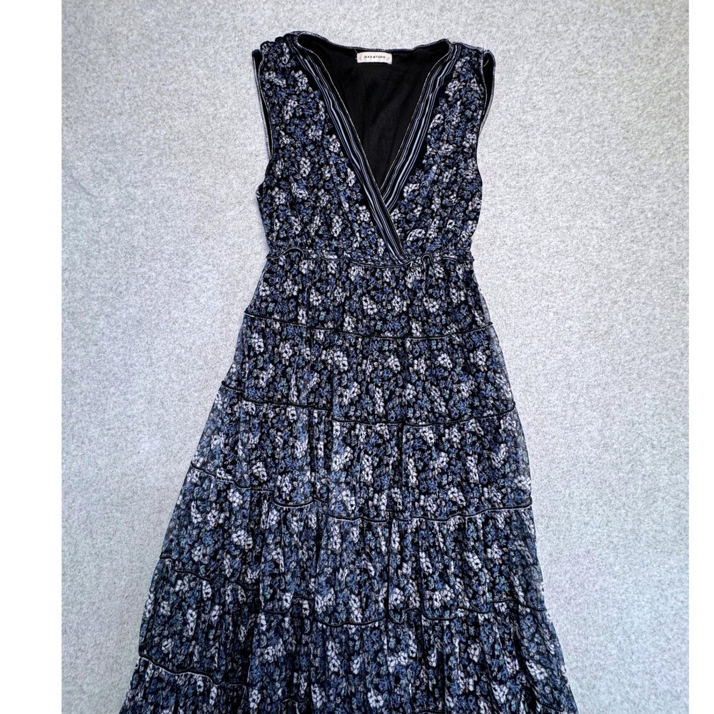 Max Studio Small Floral Tiered Maxi Dress Blue Boho Cottagecore Sleeveless Long - Picture 5 of 12